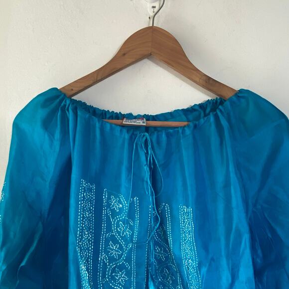 Blue Embroidered Long Sleeve Sz S  Silk Ethnic Top Boho Festival Blouse - Picture 2 of 10